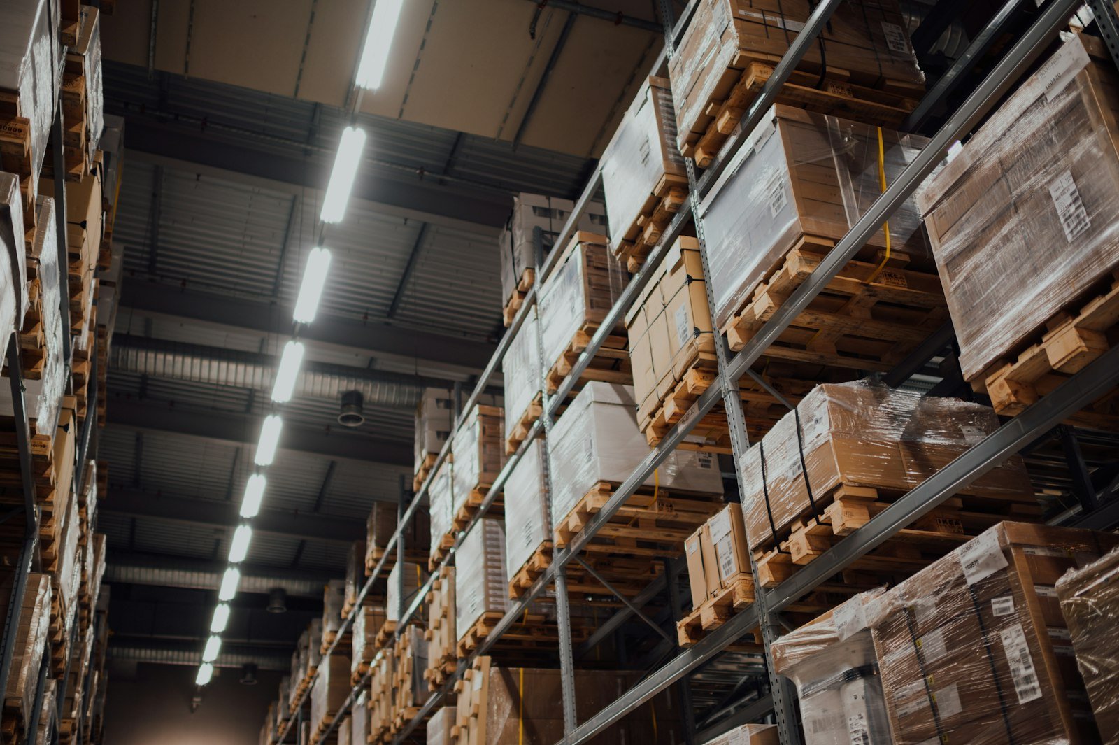 Palletised cargo racked in a distribution warehouse